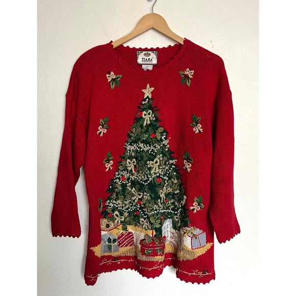 Vintage Tiara Christmas Sweater Womens Large Red Tree Knit '98 Ugly Party Cotton - Picture 1 of 6